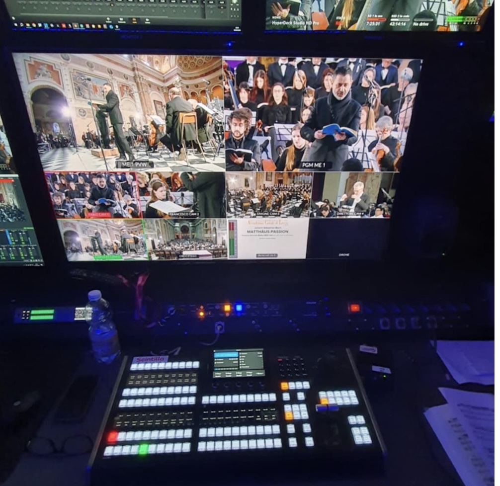 Church production desk with a multiview of the service in progress